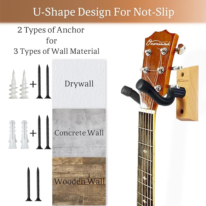Guitar Wall Mount 2 Pack, Ash Hardwood Guitar Hanger, U-Shaped Guitar Wall Hanger Mount, Guitar Holder Hook Stand Wall for Acoustic, Electric Guitar, Banjo, Bass, for Guitar Player Men Boy