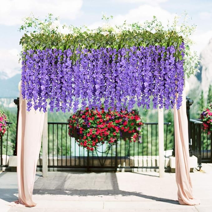 DearHouse 6 Pack 3.75 Feet/Piece Artificial Fake Wisteria Vine Ratta Hanging Garland Silk Flowers String Home Party Wedding Decor (Purple)