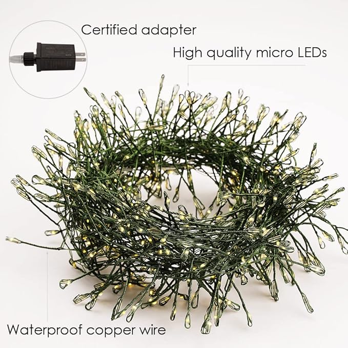 Firecracker Fairy Lights Plug in,2 Pack 20ft 200LEDs Green Wire Cluster String Lights,8 Modes Remote Twinkle Light for Outdoor Indoor Garden Bedroom Christmas Tree Holiday,Warm White