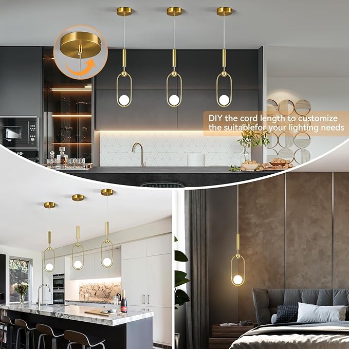 Modern Oblong Glass Pendant Light fixtures 1-Light, Simplicity Gold Pendant Lighting, Mid Century Chandelier for Kitchen Island Dining Room Bedroom Entryway Hallway(3-Pack)