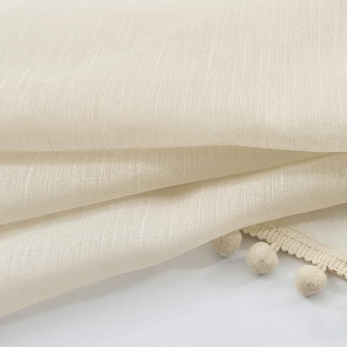 Treatmentex Pom Pom Linen Sheer Curtains for Living Room 63 inches Length Slub Textured Natural Farmhouse Window Sheers Drapes 52" w x 2 Pack, Rod Pocket, Beige