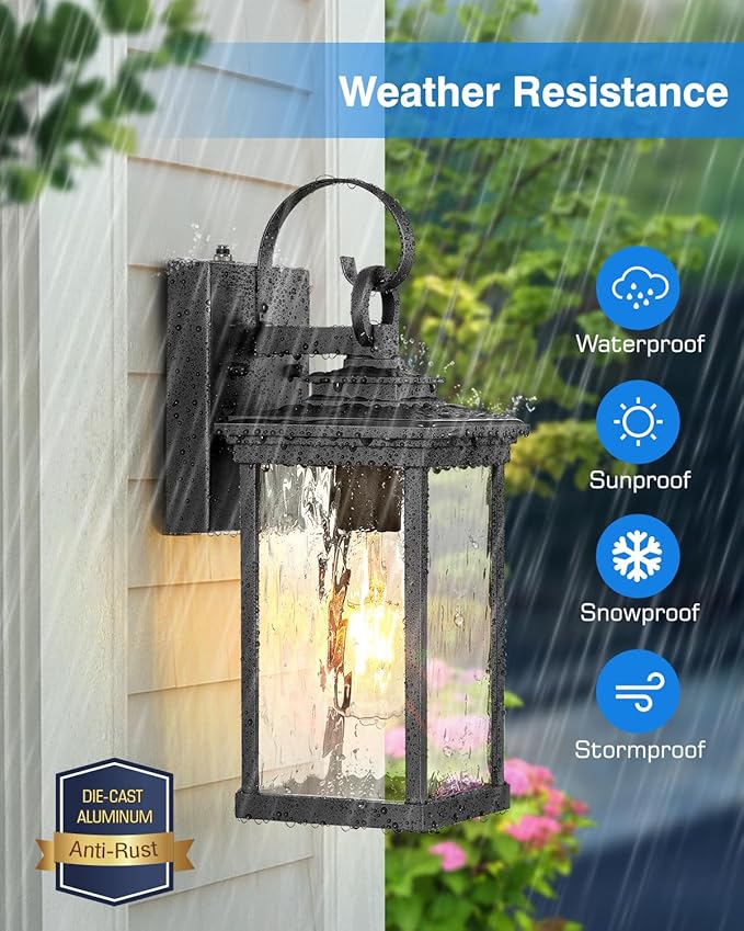 VIANIS Porch Lights Outdoor, Black Exterior Light Fixtures Wall Mount for House, Modern Outside Wall Sconce Lantern with Water Ripple Glass for Front Porch, Anti-Rust Dusk to Dawn Outdoor Garage Light