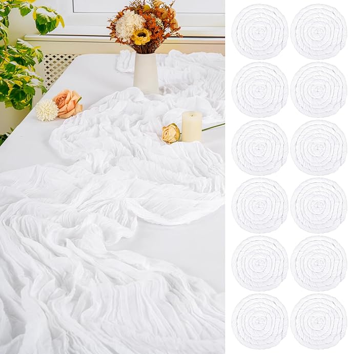 12 Pack White Cheesecloth Table Runner,10FT Gauze Boho Long Christmas Cheesecloth Tablerunners 20x120inch Rustic Cheese Cloth Table Runners for Wedding Party Bridal Shower,Table Decorationsa