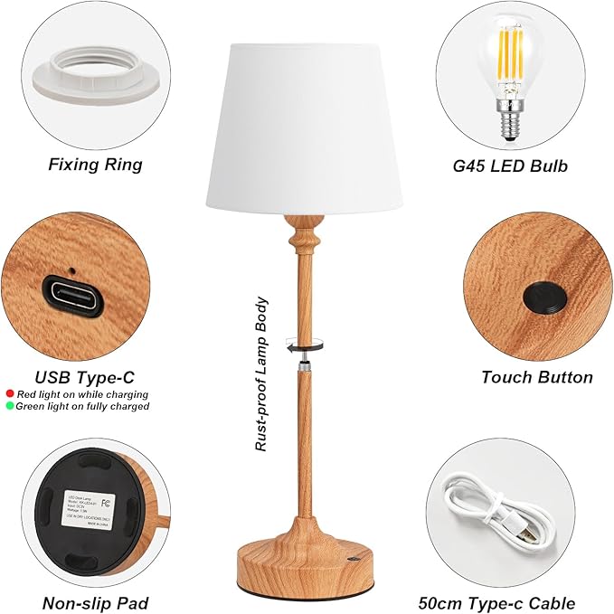 Kakanuo Cordless Table Lamps Rechargeable Set - 2 Pack Wooden 4000mAH Battery Operated Lamps for Decor, 3000K Stepless Dimming Touch Control Wireless Lamps for Bedroom, Dining Table