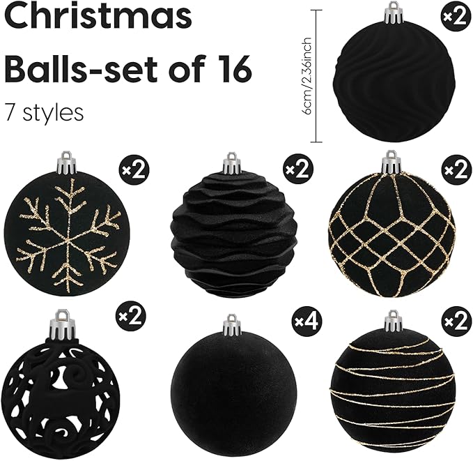 Artmag 16Pcs Velvet Christmas Ornaments Balls Sets for Christmas, Plastic Shatterproof Xmas Tree Flocked 2.36 inch Ornaments Balls for Winter Holiday Decor (Black)