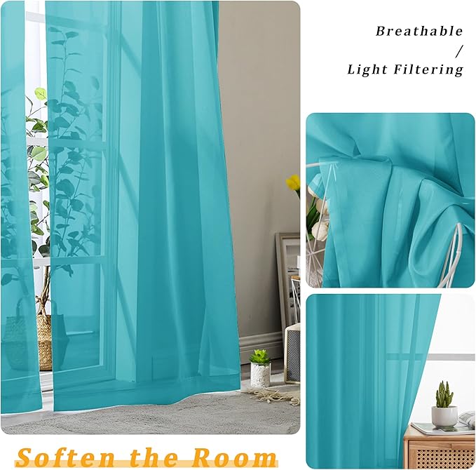 Gwine Turquoise Sheer Curtains 84 Inches Long 2 Panels Set for Living Room, Rod Pocket Voile Lightweight Bedroom Curtains, Light Filtering Solid Window Sheer Panels, Each 42" Wx84 L