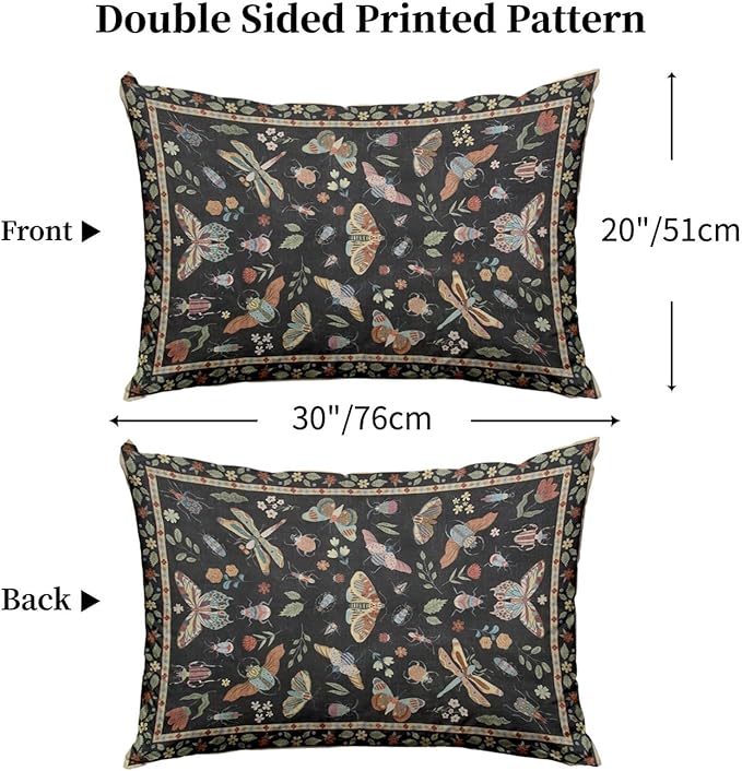 Boho Pillow Protectors with Zipper Standard Size Moody Floral Butterfly Pillow Covers Set of 2 Vintage Black Queen Size Pillowcases Rustic Botanical Insect Farmhouse Bedding Decor 30"x20"