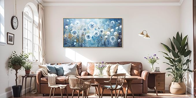 Wall Art Modern Artwork Blue Dandelion Wall Decor Floral Picture Canvas Painting for Living Room Bedroom Dining Room Home Office Decor 20"x40" with Framed