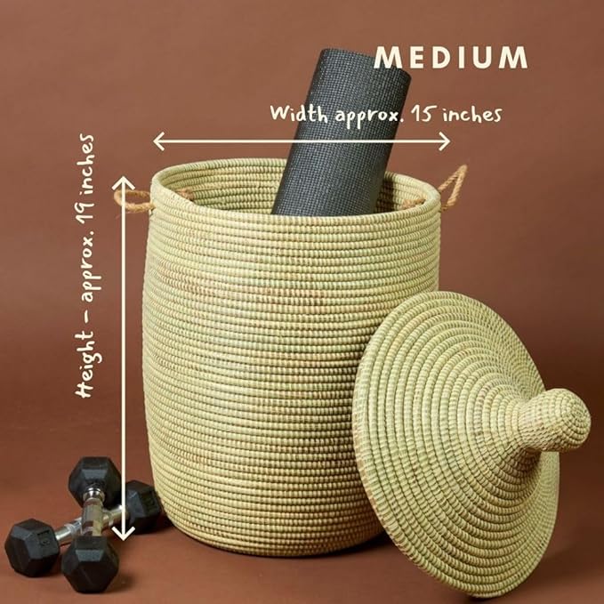 Small Natural Beige Decorative Woven Wicker Basket Hamper - Organize Laundry, Toys, Blankets, Pillows, Clothes, Towels - Storage Bins for Home, Baby Nursery, Living Room, Bedroom, Bathroom