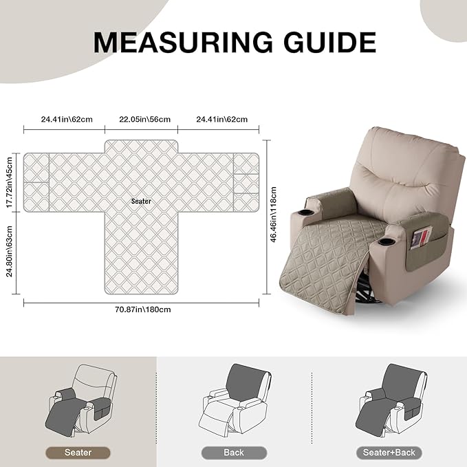 VANSOFY Recliner Chair Covers 100% Waterproof Seat Cover with Arm Reclining Cover Non-Slip Recliner Chair Covers Furniture Protector Washable Slipcover with Pocket for Pets, Dogs(Khaki, 22")