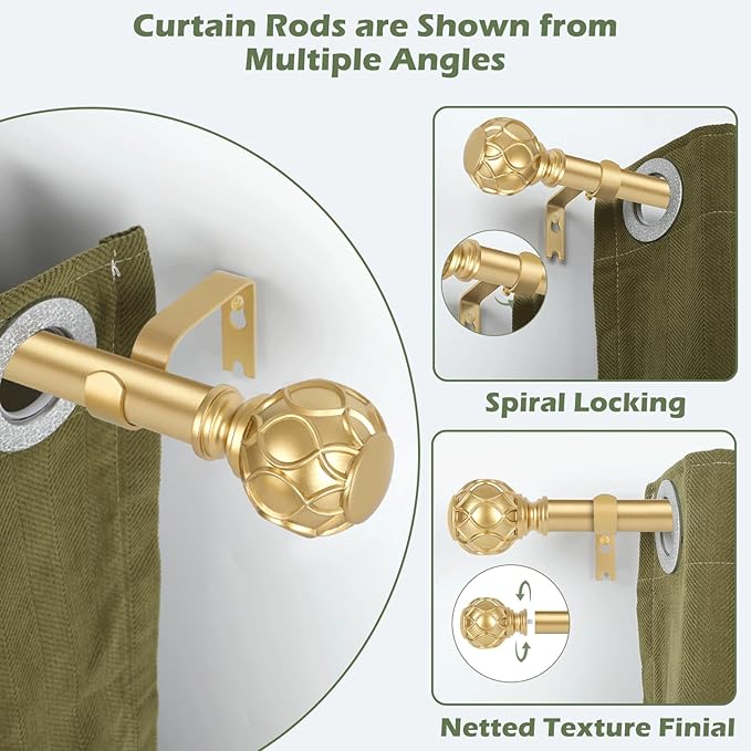 Gold Curtain Rods for Windows:Farmhouse Boho Decorative Curtain Rod for Bedroom Living Room,Heavy Duty Adjustable Rustic Drapery Rods Set with Vintage Coastal Texture Finials,Brass Gold 72-144"