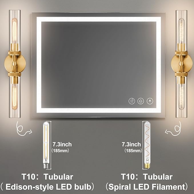 LaLuLa 2-Light Bathroom Vanity Light,Knurled Texture Linear Gold Wall Sconces,Clear Glass Tube Vanity Lighting Fixtures,Modern Wall Mounted Light,Indoor Wall Lights for Living Room,Bedroom,Hallway