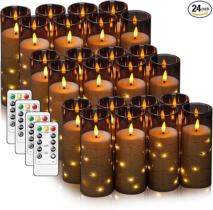 Flameless LED Candles with Timer 24 Pc Flickering Flameless Candles for Romantic Ambiance and Home Decoration Stable Acrylic Shell,with Embedded Star String，Battery Operated Candles（Grey）