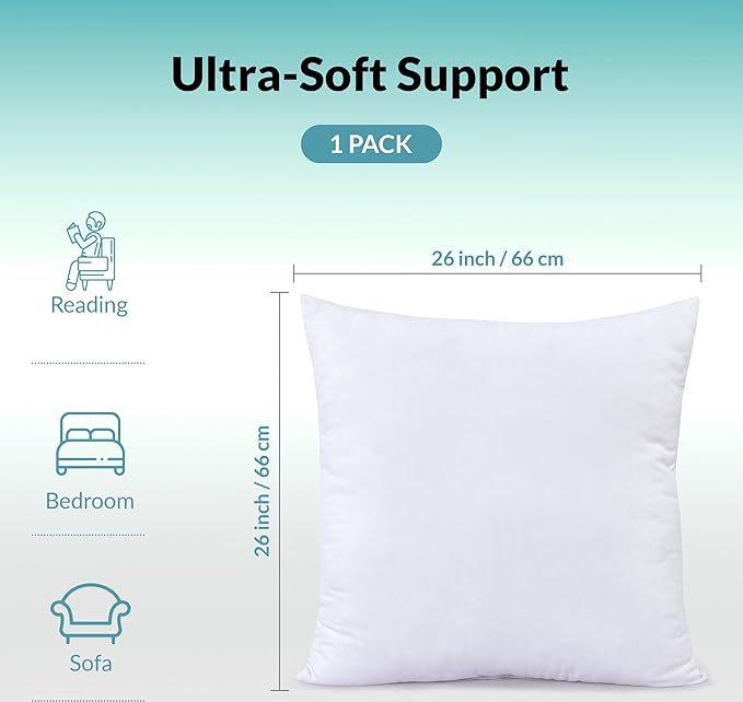 ROYALE LINENS 26 X 26 Pillow Insert - Down Alternative Throw Pillows Insert - Square Pillow Pack of 1 White - Bed & Couch Pillows - Inner Cushion for Bed, Cushion for Living Room - Shams Stuffer