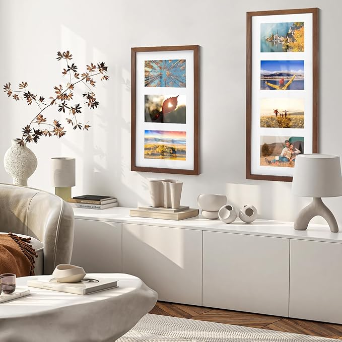 9x18 Oak Wood Picture Frame - 9x18 Photo Frame with Mat Display 3Pcs 5x7 Photos, 5x7 Picture Frame Wood, Natural Solid Wooden Picture Frames for Wall Art Photo and Prints(3 Pack, Walnut)