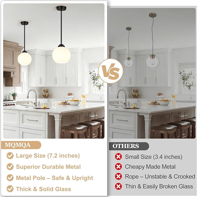 2 Pack 7.2-Inch Globe Pendant Lights, Mid Century Matte Black Pendant Light Fixtures, Globe Pendant Lights Kitchen Island with Milk Glass Shade Hanging Fixture for Dining Room Bulbs not Included