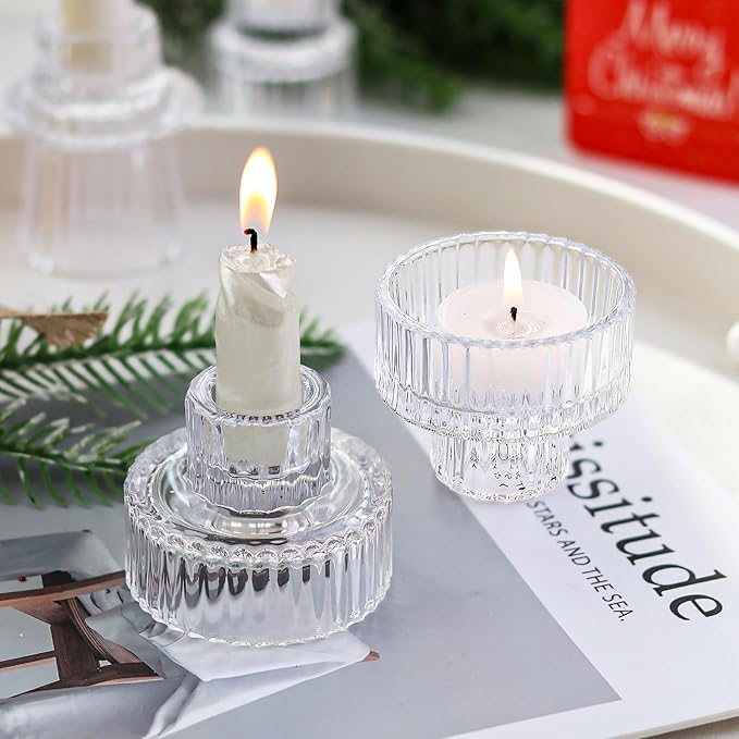 Ribbed Glass Candlestick Holders 6PCS Clear Candle Stick Holders for Tealight Taper Candles Dining Table Centerpieces Holiday Decoration