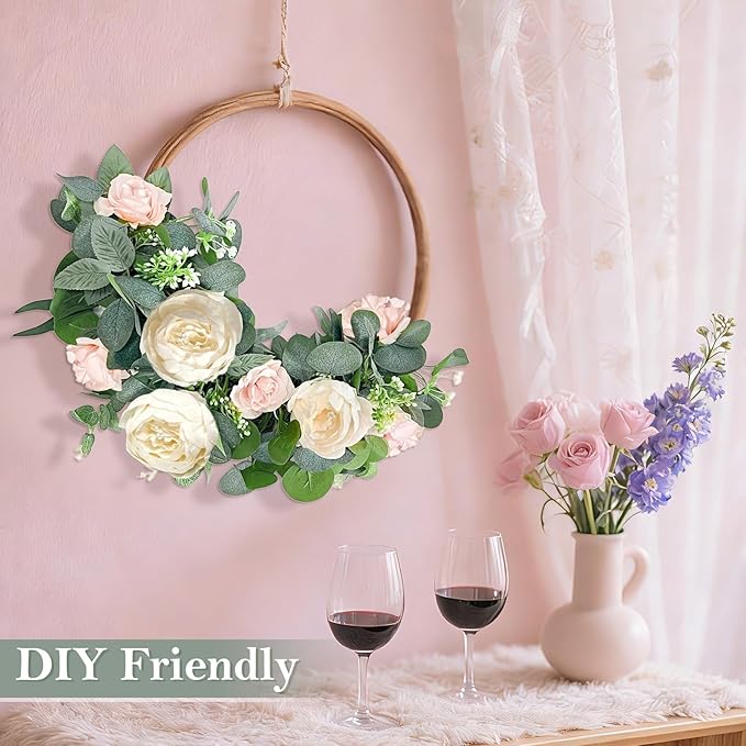 2 Pack 13Ft Artificial Eucalyptus Flower Garland with 16 White Peony Pink Rose, Baby Breath Fake Flowers Greenery Garland Floral Vine for Mantle Wedding Table Runner Centerpiece Backdrop Home Decor