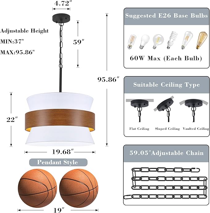 5 Lights White Drum Farmhouse Chandelier for Dining Room,19.68" Modern Large Drum Fabric Light fixture,Adjustable Rustic Metal Imitation Wood Round Pendant Light for Living Room Kitchen Island Bedroom