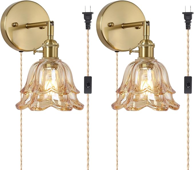 Vintage Plug in Wall Sconces Set of 2, Rose Amber Lampshade & 180 Degree Adjustable, Brass Wall Lights, for Bedroom Living Room Hallway Aisle, Bulbs Not Included, ETL Listed