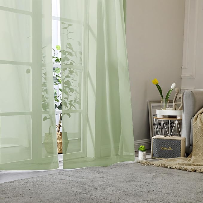 Lecloud Light Green Sheer Curtains 96 Inches Long 2 Panels, Modern Light Filtering Breathable Curtain, Gauzy Stylish Home Decor Drapes with Rod Pocket for Living Room Bedroom, Each 42" W x 96" L