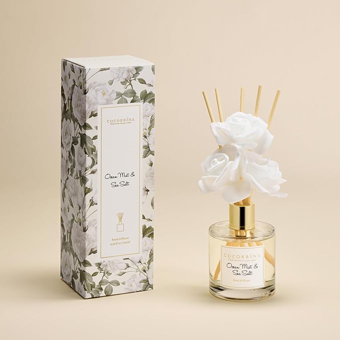 Cocorrína Reed Diffuser Set,6.7oz (200ml) Ocean Mist & Sea Salt Scented Diffuser with 3 White Rose Foam Flowers & Cotton Sticks, Home Fragrance Reed Diffuser for Bathroom Shelf Decor