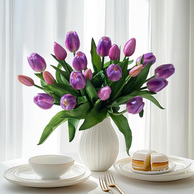 20PCS Fake Tulips Artificial Tulip Silk Flowers Fake PU Bouquet Artificial Flowers Faux Flowers with Gift Box Soft Faux Tulips Bouquets Arrangements for Party Wedding Home