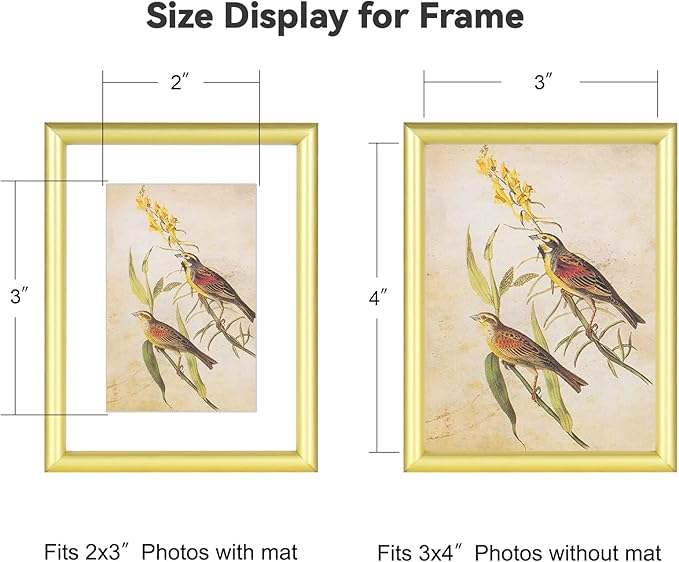 3x4 Picture Frame Set of 3, Matte Gold Modern Thin Aluminum Metal Photo Frame with HD Glass, Fits 2x3 with Mat or 3 x 4 without Mat, for Tabletop and Wall Mounting