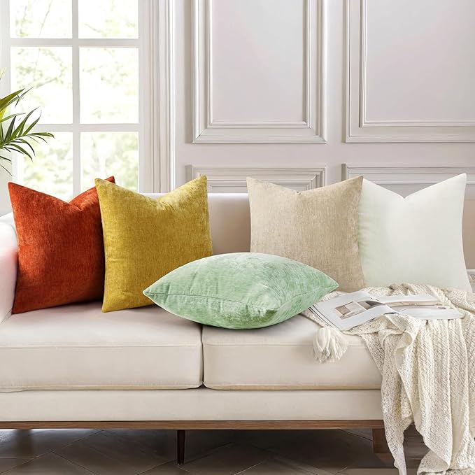 decorUhome Chenille Beige Christmas Throw Pillow Covers 24x24 Inch Set of 2, Decorative Soft Couch Pillow Covers Solid Dyed Accent Farmhouse Neutral Square Pillow Cases for Sofa