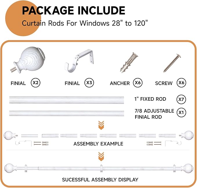 Wood Curtain Rods for Windows 66 to 120 Inches,1 inch Heavy Duty Window Curtain Rod with Imitation Wood Grain Finials,Decorative Drapery Rods Adjustable, 28"-120"(2.3-10ft), White Wood