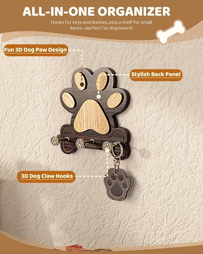 MTERSE Pine Wood Dog Leash Holder for Wall – Adorable Dog Leash Hanger, Key Holder, Coat Rack, and Sunglass Organizer – Rustic Farmhouse Wall Decor for Entryway, Bedroom, or Living Room (Dark Brown)