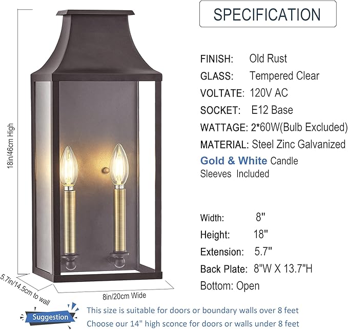18"Medium Classic Outdoor Wall Lantern Light For House Exterior,Handcrafted Old Rust Metal Cage Mounted Pocket Wall Sconce W/Clear Tempered Glass,Waterproof for Porch, Patio, Garage&Front Door E12