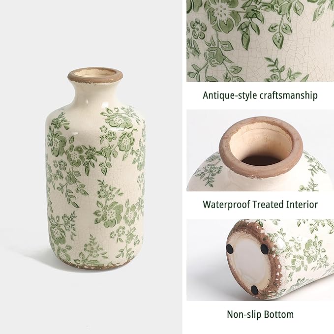8" Retro Crackle Glaze Ceramic Vase Rustic Green Vases Decorative Vases Farmhouse Home Decor Vase Chinoiserie Vintage Flower Vases