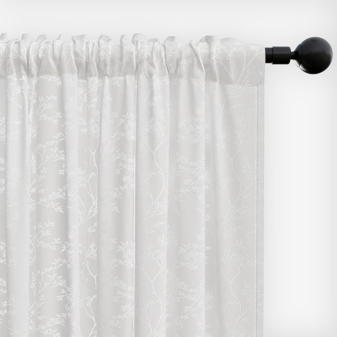 Anmao White Semi Sheer Light Filtering Curtains 102 Inches Long 2 Panels, Branch Pattern Drapes for Living Room Bedroom, Rod Pocket Sheer Window Treatments with Floral Design, 52x102 Inch