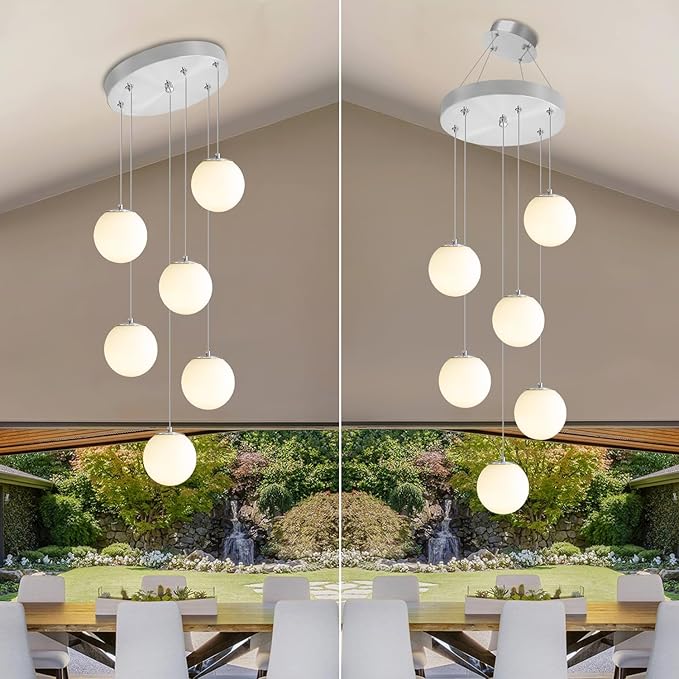 6-Light Silver Chandelier with White Globe Glass Dimmable Ceiling Light Glass Pendant Light for Kitchen Island, Dining Room, Living Room, Entry Hallway, LED Bulbs Included