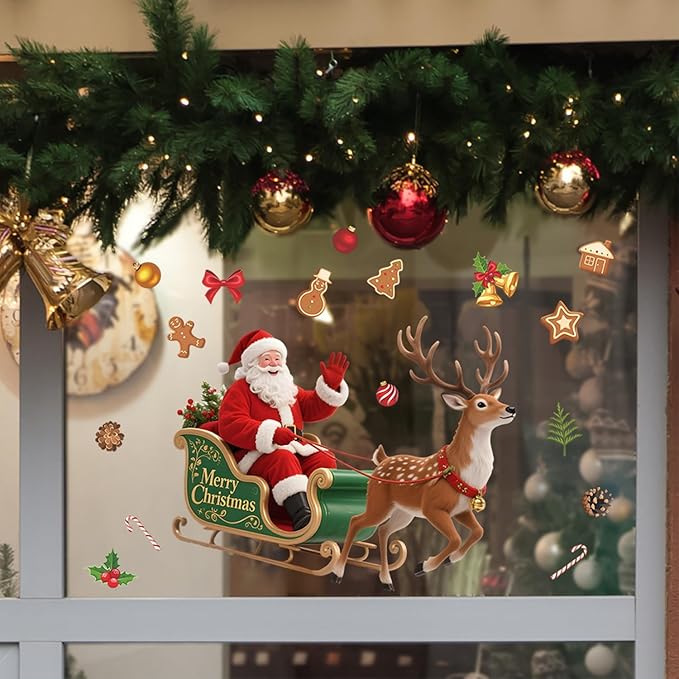Santa Sleigh Christmas Wall Decals | Peel and Stick Holiday Decorations with Reindeer, Gingerbread & Ornaments – Removable Vinyl Stickers for Winter Wall, Window, Office & Seasonal Displays