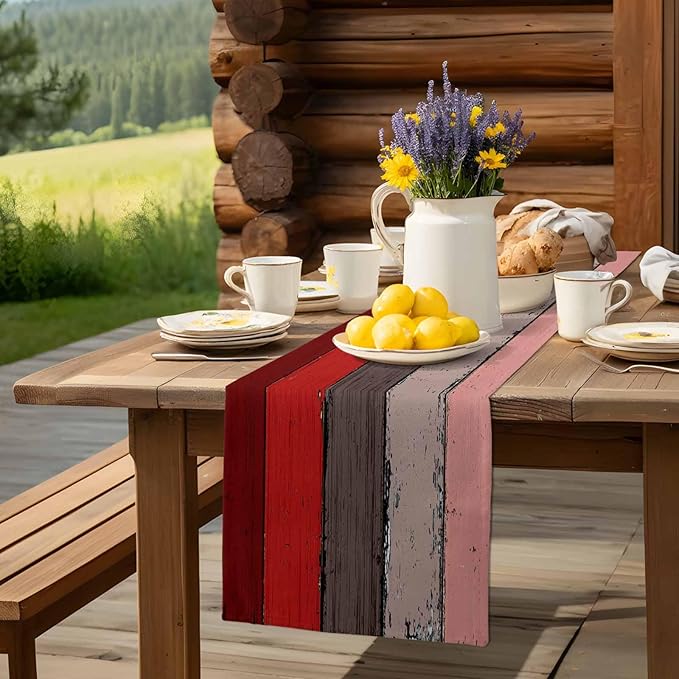 Table Runners 14X48 Inches Long, Ombre Christmas Red Brown ,Cotton Linen Farmhouse Retro Rustic Barn Wood Texture Tablecloths Non-Slip Party Table Decorations for Kitchen ,Home ,Dining ,Outdoor,