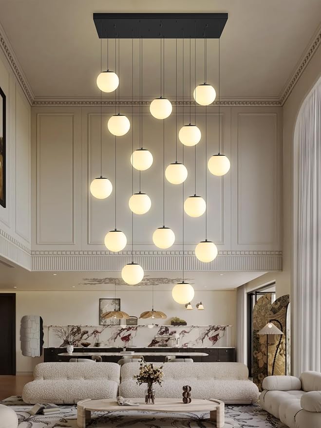 Modern Rectangular Chandelier,15 Lights White Globe Chandelier Lighting,Industrial Linear Pendant Light Fixture for Dining Living Room Kitchen Island