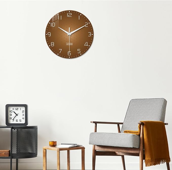 XNM Large Wall Clocks Battery Operated 16 Inch Modern Glass Wall Clock for Living Room Brown Minimalist Wall Clock Silent Non Ticking