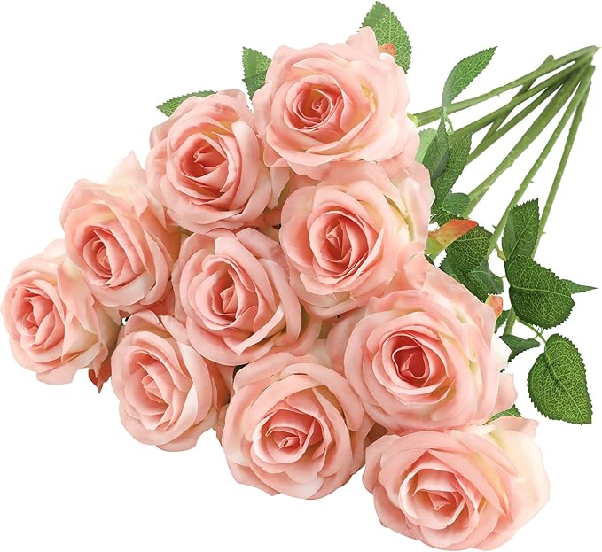 Nubry Artificial Silk Rose Flower Bouquet Lifelike Fake Rose for Wedding Home Party Decoration Event Gift 10pcs (Gradient Light Pink)