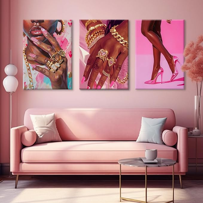 Black Girl Wall Art Pink African Woman Canvas Wall Decor Black Women People Art Fashion Poster African American Girl Pictures Pink Painting Artwork for Living Room Bedroom 12x16x3 Inch Ready to Hang