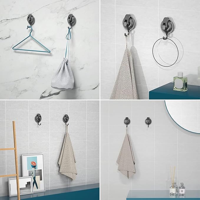 Heavy Duty Vacuum Suction Cup Hooks, Gun Silver Plated Polished Super Suction for Kitchen Bathroom, 4 Pack