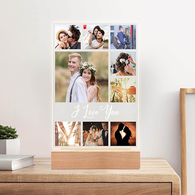 Custom Picture Frame with Photo, Personalized Photo Frame with Night Light, Customized Picture Frames, Christmas Anniversary Couple Gifts for Women Men Her Him Girlfriend Boyfriend