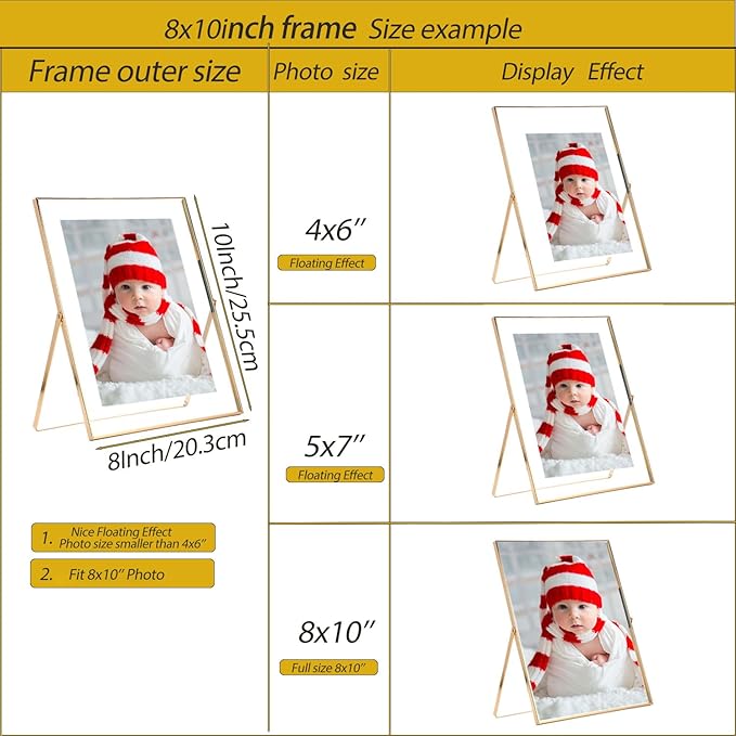 Gold 8x10" Floating Picture Frame Fits(5x7'',6x8"&7x9") Photos Adjustable TabletopShelf Display Premium Gift picture frame 5x7'' for Wedding,Thanksgiving,Christmas Home & Office Decor