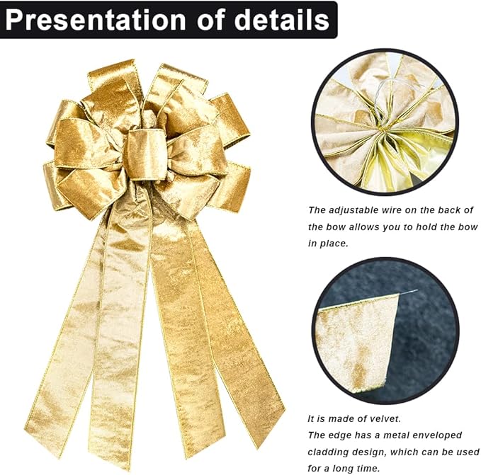 On-Airstore Large Christmas Wreath Bows, Christmas Brown Gold Glitter Ribbon Bows for Wreaths, Large Tree Topper Bows for Christmas Home Garden Indoor Outdoor Party Decoration Wreath Ornament Supplies