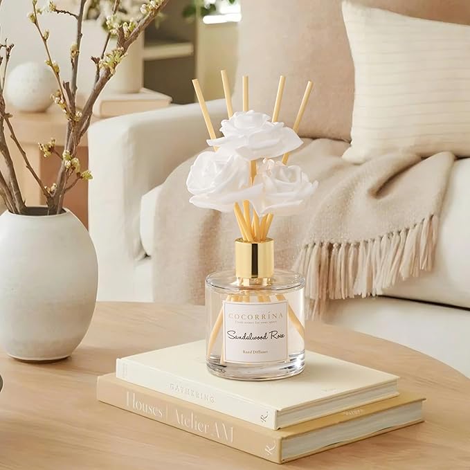 Cocorrína Reed Diffuser Set,6.7oz (200ml) Sandalwood Rose Scented Diffuser with 3 White Rose Foam Flowers & Cotton Sticks, Home Fragrance Reed Diffuser for Bathroom Shelf Decor