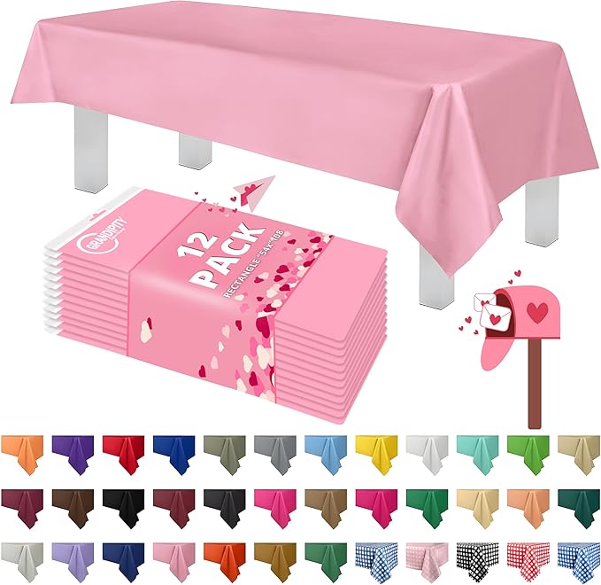 Grandipity 12 Pack Premium Disposable Plastic Tablecloth 54 Inch. x 108 Inch. Decorative Rectangle Table Cover - Pink