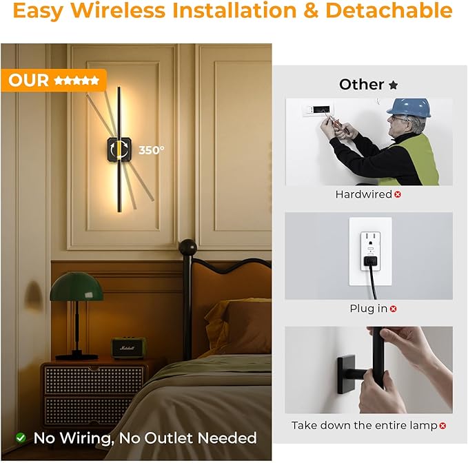 Battery Operated Wall Sconce Detachable 360°Rotate, Wireless Wall Lamp 3000-6500K Dimmable, 10000mAh Rechargeable Wall Light for Bedroom, Living Room，28" Black Gold（4 Pack