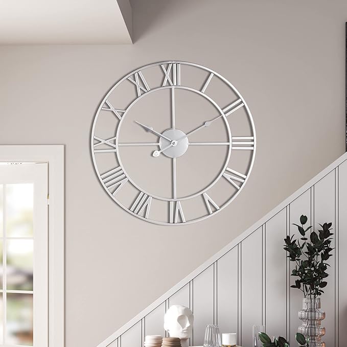 LEIKE 18.5" Modern Large Wall Clocks,Vintage, Round,Silent Non Ticking,Battery Operated,Silver Metal Roman Numerals Clock for Living Room/Bedroom/Kitchen Decor