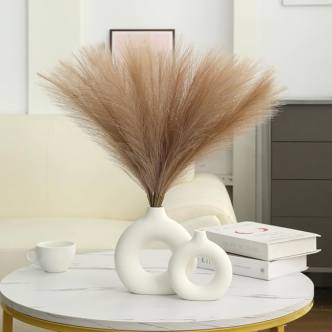 Faux Pampas Grass Decor 17.7 Inch 30pcs, Artificial Pampas Grass Fluffy Home Decor, Short Vase Room Decor pompous Grass Flower Arrangement for Boho Home Wedding Decoration (Light Brown)